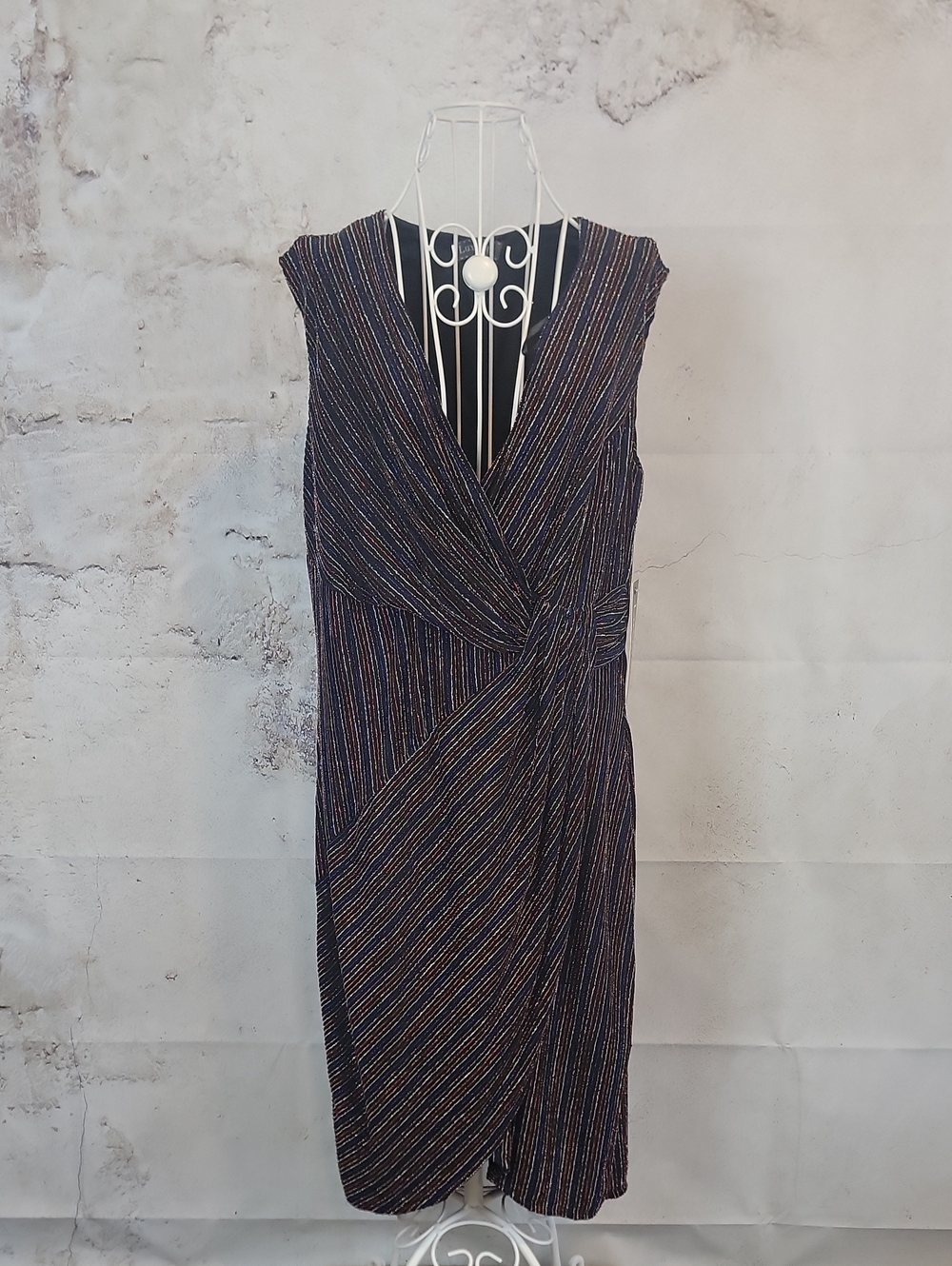 Luxology Sleeveless Multi-Stripe Faux Wrap Dress Womens Size L NWT